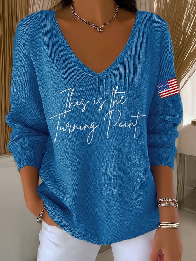 V-Neck Retro This Is The Turning Point Print Knitwear Tops