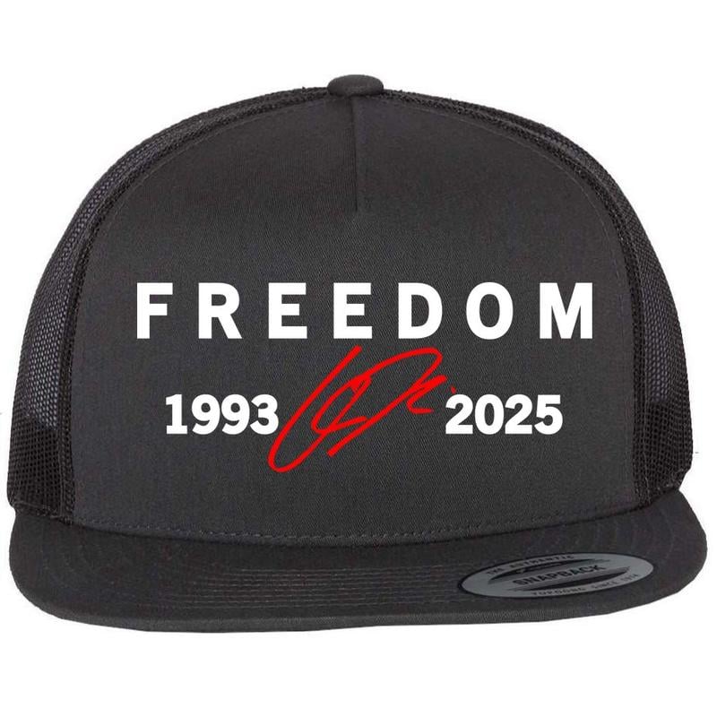 Freedom Red Signature 1993-2025 Faith Christian Truth Rest In Peace RIP Flat Bill Trucker Hat Baseball Cap