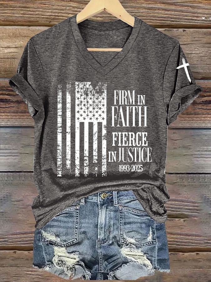 Women's Firm In Faith Fierce In Justice Print V Neck T-shirt