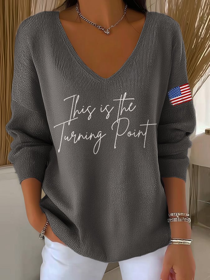 V-Neck Retro This Is The Turning Point Print Knitwear Tops