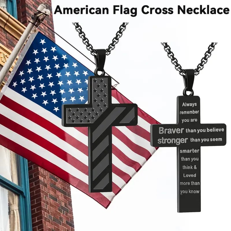 ✨Cross Necklace w/ Bible Verse & American Flag