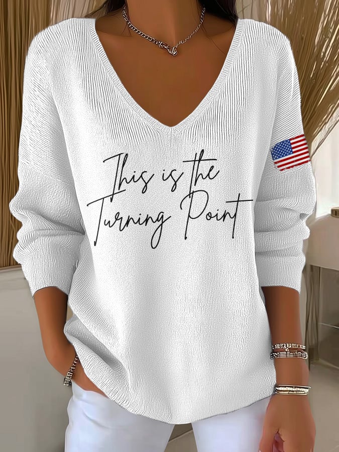 V-Neck Retro This Is The Turning Point Print Knitwear Tops