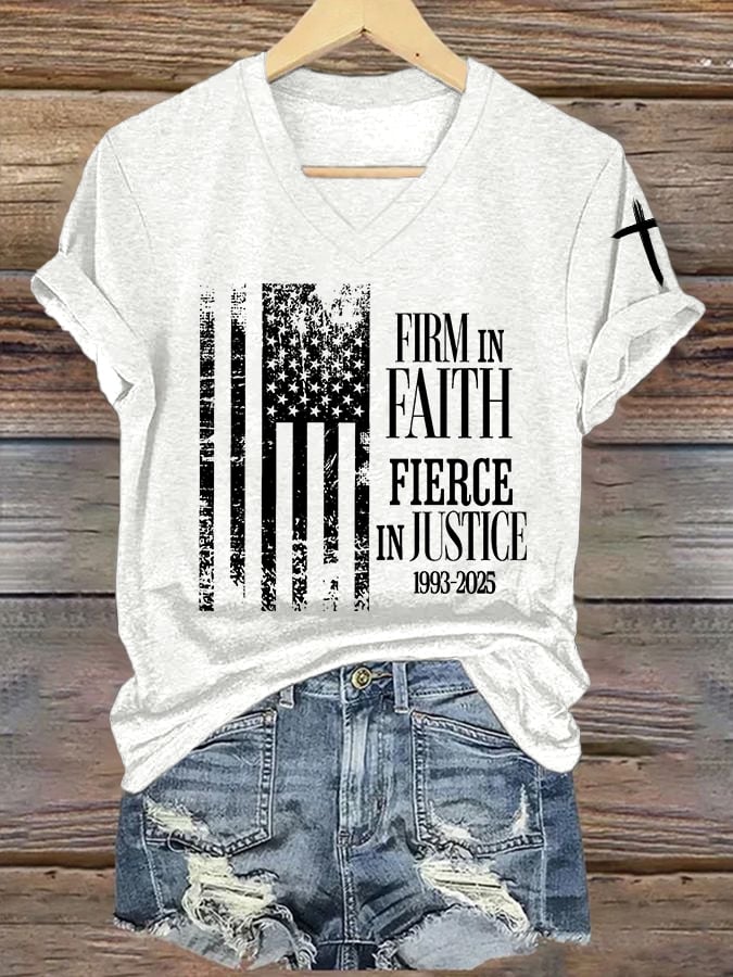 Women's Firm In Faith Fierce In Justice Print V Neck T-shirt