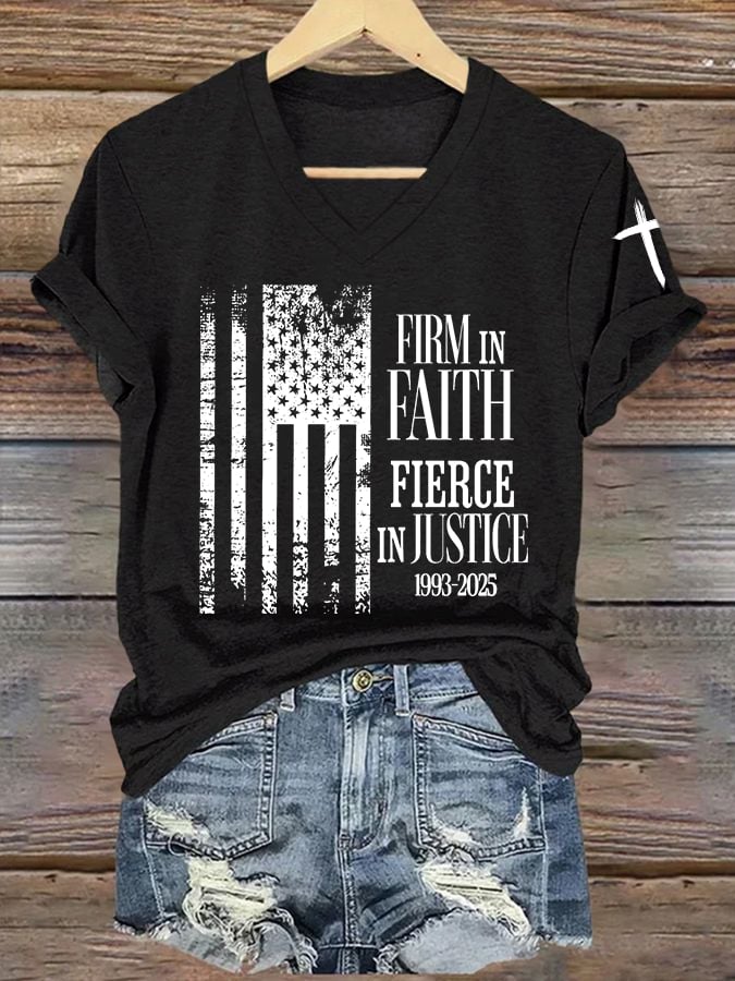 Women's Firm In Faith Fierce In Justice Print V Neck T-shirt