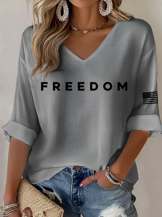 Women's Freedom Print Waffle Long Sleeve T-Shirt