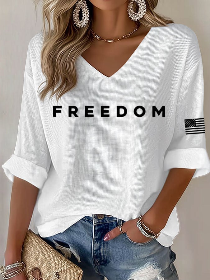 Women's Freedom Print Waffle Long Sleeve T-Shirt