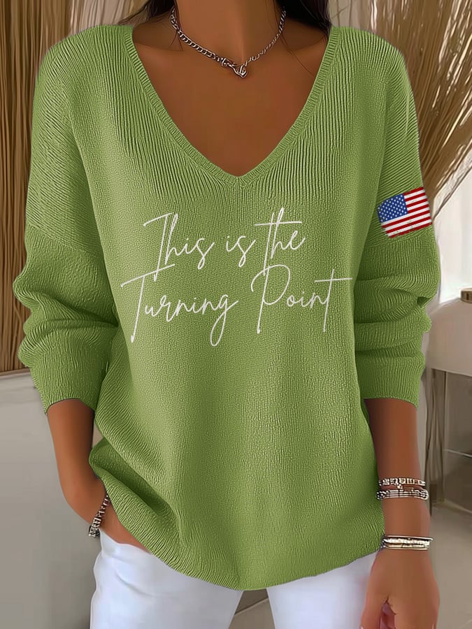 V-Neck Retro This Is The Turning Point Print Knitwear Tops