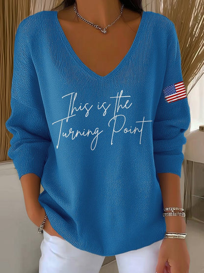 V-Neck Retro This Is The Turning Point Print Knitwear Tops
