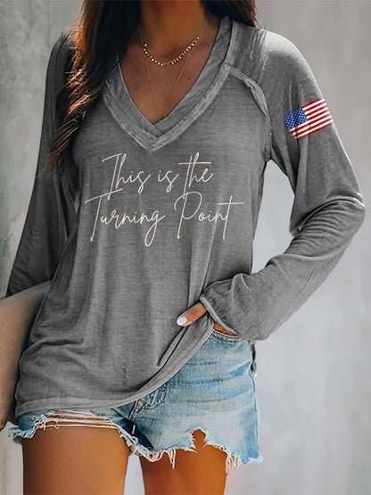 V-neck Retro This Is The Turning Point Print T-Shirt