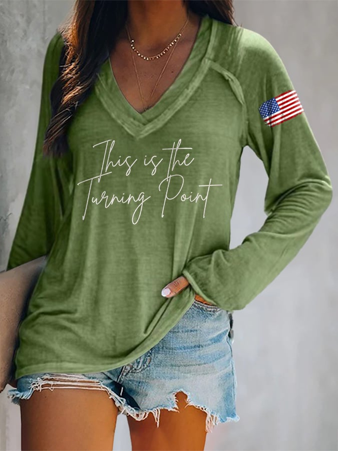 V-neck Retro This Is The Turning Point Print T-Shirt