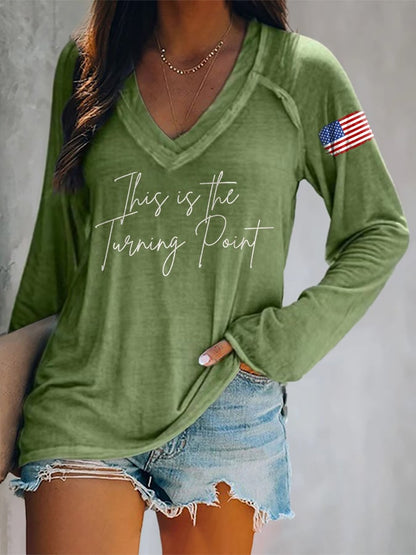 V-neck Retro This Is The Turning Point Print T-Shirt