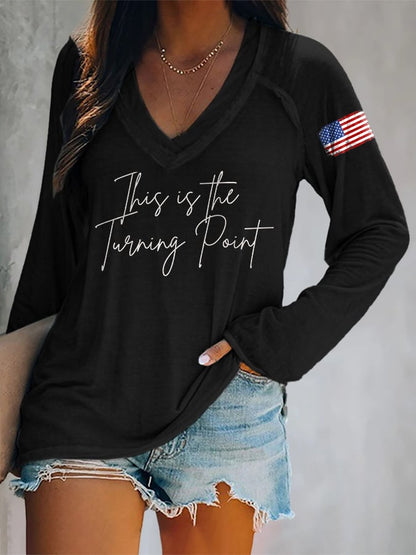 V-neck Retro This Is The Turning Point Print T-Shirt