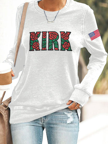 Women's Rose Print Round Neck Sweatshirt