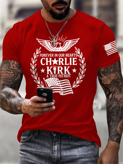 Men's Forever In Our Hearts A True Patriot Print Round Neck T-Shirt