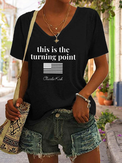 Women's V-Neck Retro This is the Turning Point Print T-Shirt
