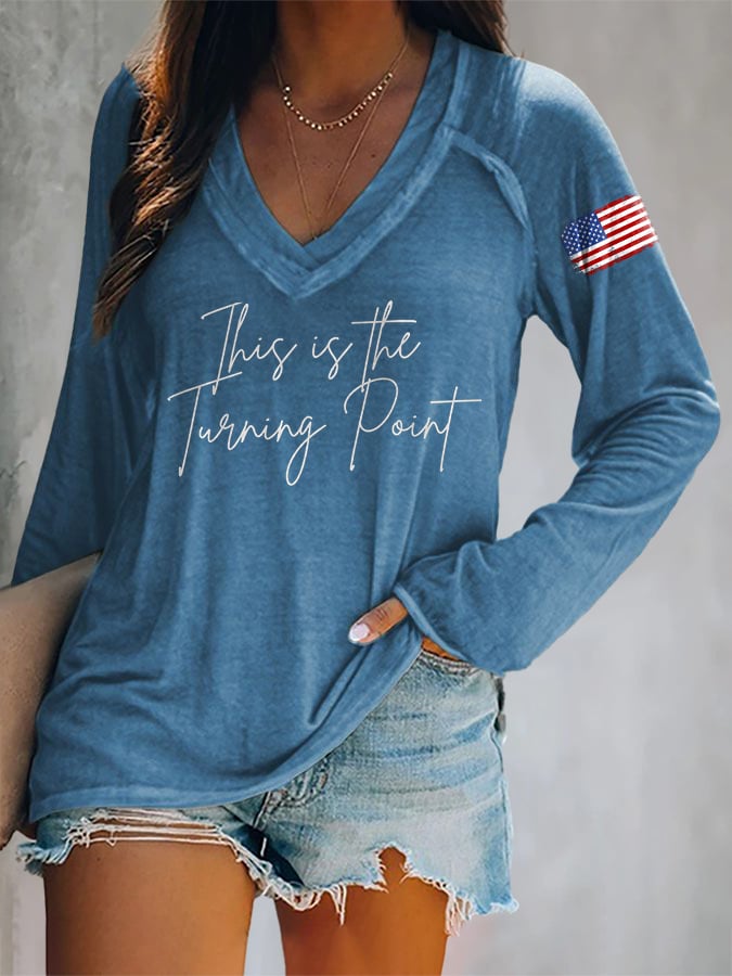V-neck Retro This Is The Turning Point Print T-Shirt