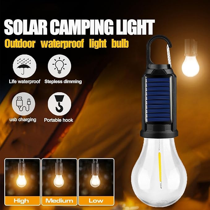 Solar Tent Lights USB Rechargeable Led Camping Lantern ,Outdoor Hanging Light Bulbs with Clip Hook for Camping, Christmas, Decorations, Emergency,Flashlight