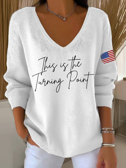 V-Neck Retro This Is The Turning Point Print Knitwear Tops