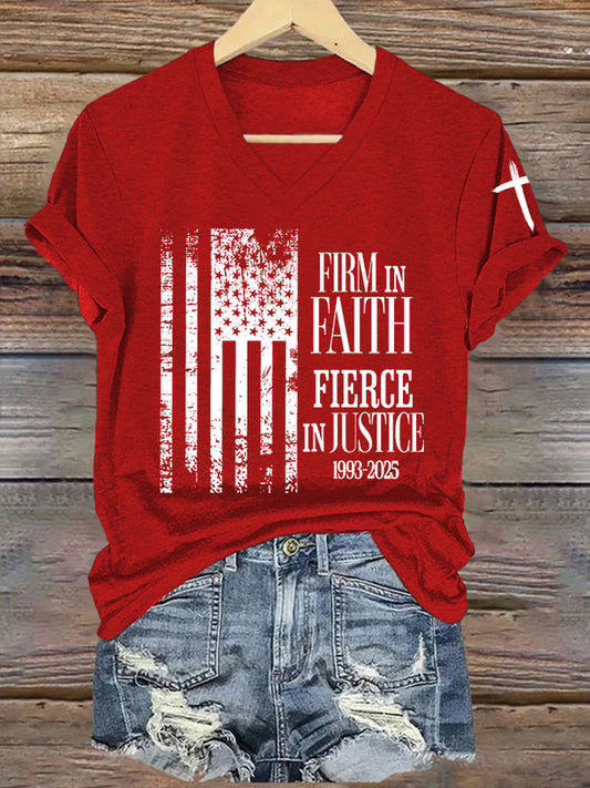 Women's Firm In Faith Fierce In Justice Print V Neck T-shirt