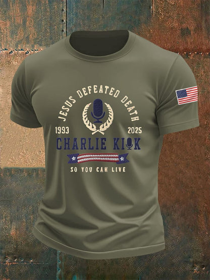 Men's Jesus Defeated Death So You Can Live R.I.P Charlie Kirk Print Round Neck T-Shirt