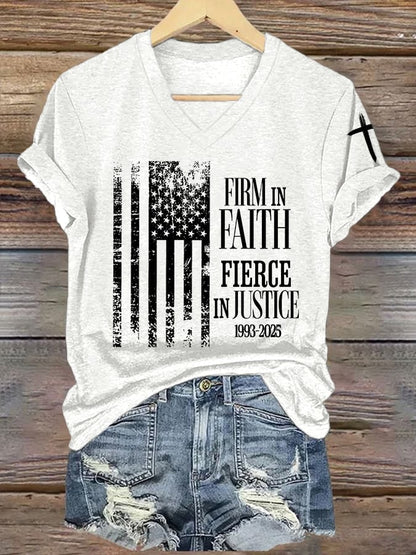 Women's Firm In Faith Fierce In Justice Print V Neck T-shirt