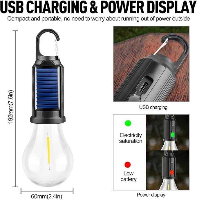 Solar Tent Lights USB Rechargeable Led Camping Lantern ,Outdoor Hanging Light Bulbs with Clip Hook for Camping, Christmas, Decorations, Emergency,Flashlight