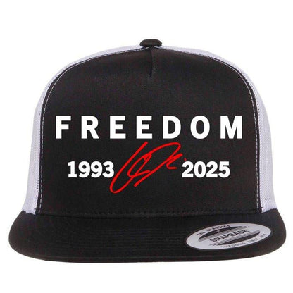 Freedom Red Signature 1993-2025 Faith Christian Truth Rest In Peace RIP Flat Bill Trucker Hat Baseball Cap